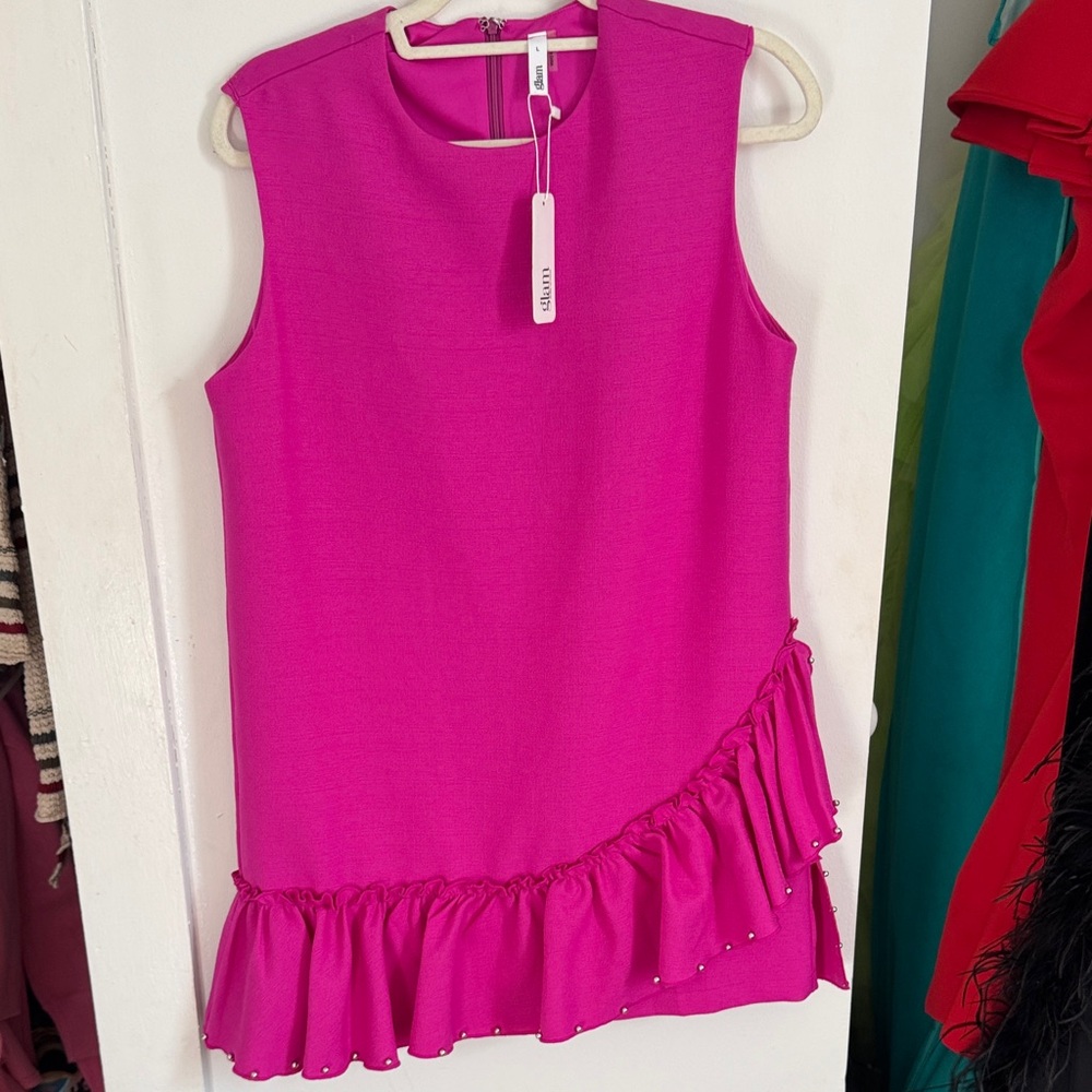 Glam Vibrant Pink Sleeveless Dress with Ruffle
